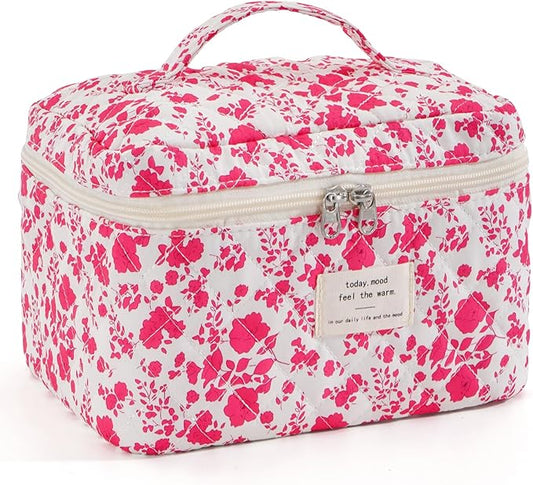 Makeup Bag for Women Quilted Corduroy Make Up Bag Travel Cosmetic Bag Large Makeup Bag Cute Makeup Bags Organizer Floral Toiletry Bag Makeup Pouch for Purse, Rose Floral-1PCS