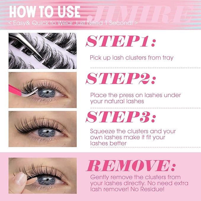 JIMIRE Self Adhesive Eyelashes Natural Look 12-14MM Full Pre Glued Lashes Clusters Manga Press on Lash Clusters D-Curly Reusable Self Adhesive Eyelash Clusters No Glue Needed
