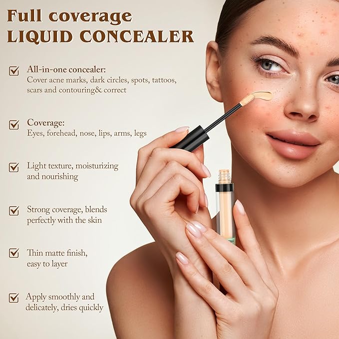 Full Coverage Liquid Concealer, Foundation Makeup for Older Women, Covers Blemishes & Under-Eye Circles, Spots, Matte Finish, Hydrating Primer for Correct, 0.06 fl oz, Vegan & Cruelty-Free 06#WarmTan