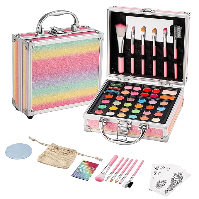 Anpro All-in-One Makeup Carry Case with Pro Teen Makeup Set, Full Starter Cosmetics Kit with Makeup Brushes, Eye Shadows Palette, Blushes, Glitter Gel, Temporary Tattoo Stickers - Colorful