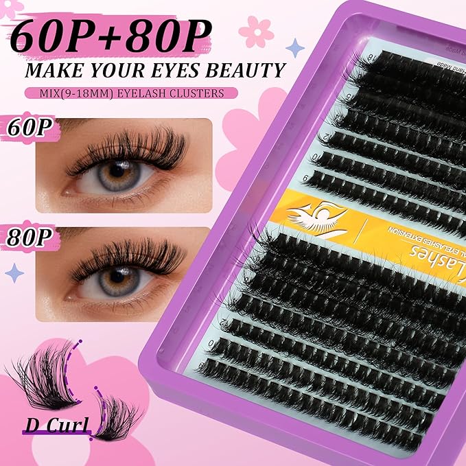 Lash Cluster 280 Pcs DIY Lash Clusters Extensions - 80D+60D Soft Wispy D Curl Eyelash Clusters for Home Makeup 9-18 mm Waterproof Cluster Eyelash Extensions