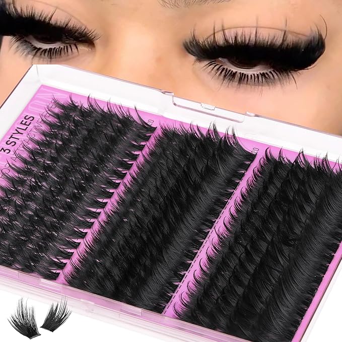 TNFVLONEINS Mink Lash Clusters with Spikes Thick Cluster Eyelash Extensions 3 Styles D-Curly Eyelash Clusters Volume Individual Lashes Fairy Lashes Clusters (240PCS 160D+200D+300D)