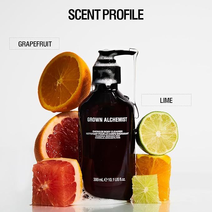 Grown Alchemist Energize Body Cleanser Bundle: Chamomile, Bergamot & Rose Bodywash/Soap (300mL + 1L Refill)
