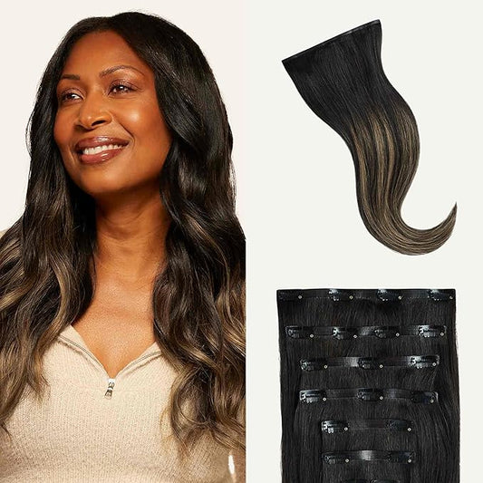 Luxy 100% Remy Human Hair - Seamless Clip-In Hair Extensions - Multi-Dimensional Color for Natural Blending, Adds Volume & Length 160 grams 16" Off Black Bronde