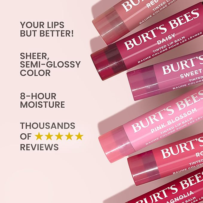 Burt's Bees Lip Tint Balm Stocking Stuffers Gifts, Long Lasting 2 in 1 Duo Tinted Balm Formula, Color Infused with Hydrating Shea Butter for a Natural Looking Buildable Finish, Red Dahlia (2-Pack)