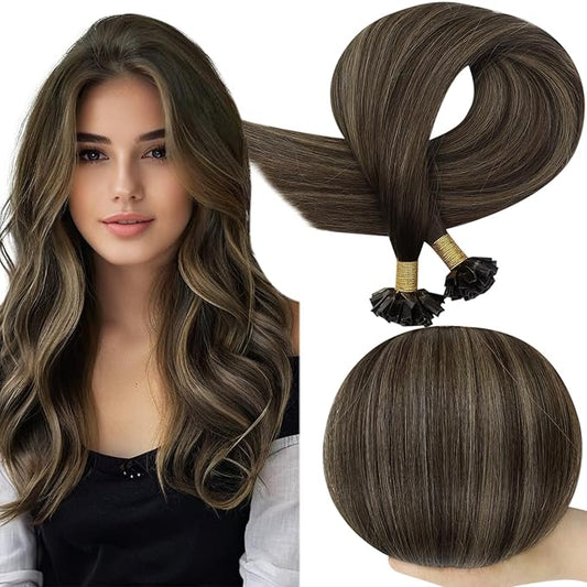 Full Shine K Tip Hair Extensions Real Human Hair 24 Inch 50 Grams Dark Brown Fading to Ash Brown and Brown Ktip Human Hair Extensions Fusion Extensions Remy Human Hair