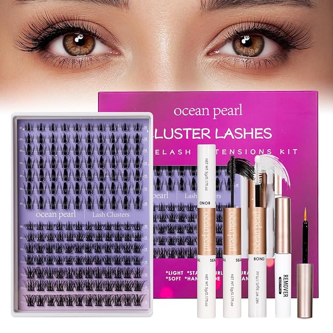 Ocean Pearl Lash Clusters Kit 154pcs,Eyelashes,spike-effect cluster lashes,10-18mm manga/anime-inspired lashes clusters,DIY Cluster Eyelash Extensions kit with lash bond+seal+remover+tweezers-M32+M35