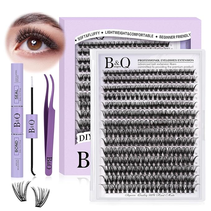 B&Q DIY Lash Extension Kit 280pcs Individual Lashes Cluster 40D C Curl Eyelash Extension Kit with Bond and Seal and Applicator Tool for Self Application (Set,40D-C-9-16MIX)
