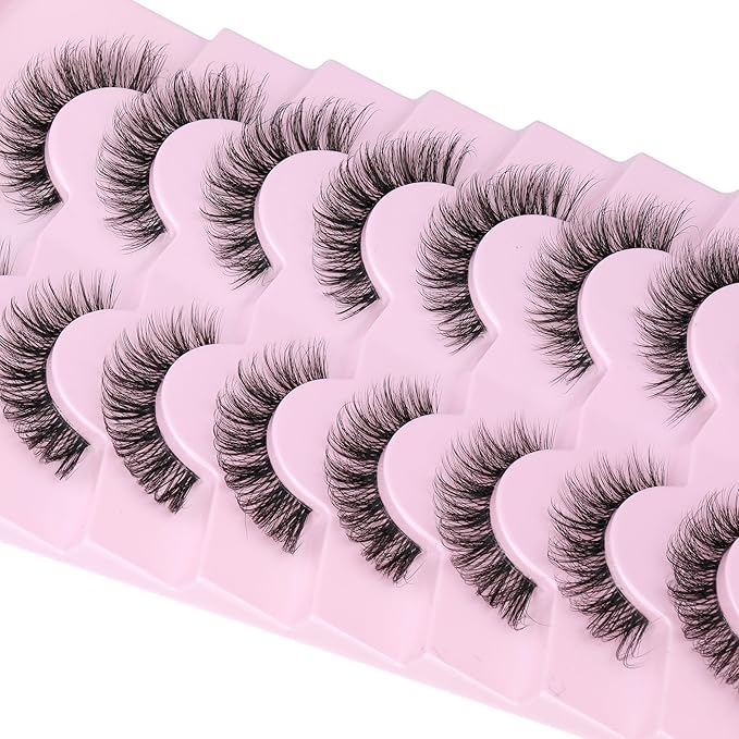 JIMIRE Demi Wispies False Eyelashes Natural Look Invisible Lash Band Cat Eye Lashes 15MM Mink Lashes Fluffy Russian D Curl Strip Lashes Look Like Lash Extensions Pestañas 8 Pairs Pack