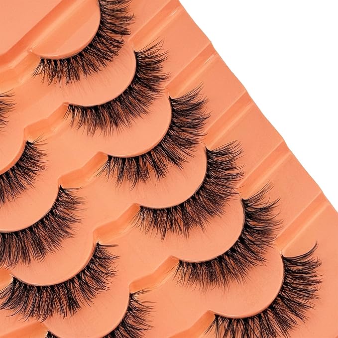 False Eyelashes Natural Look Wispy Fake Lashes Yasnai 8-14mm Short Cat Eye Lashes Volume Lashes Strips Lashes Natural Eyelashes Clear Band 6 Pairs Pack