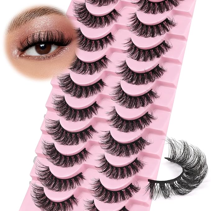 Ahrikiss Lashes Russian Strip Lashes That Look Like Extensions D Curl Fluffy False Eyelashes 10 Pairs 3D Volume Fake Lashes Wispy Faux Mink Lashes Natural Look (D17)