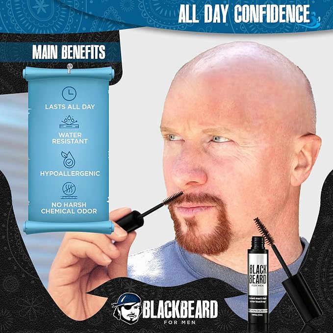 Blackbeard for Men Instant Beard Color – All Day Beard, Mustache, Eyebrow, and Sideburns Color – Temporary, Hypoallergenic Beard Dye Alternative – Up to 45 applications – Brown/Auburn, 1 Pack