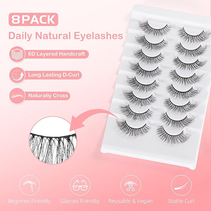 Natural Lashes Spiky False Eyelashes Wispy Look Invisible Band Flared Eyelashes False Eye Lashes Soft Fluffy Lashes 8 Pairs Black 9-15MM