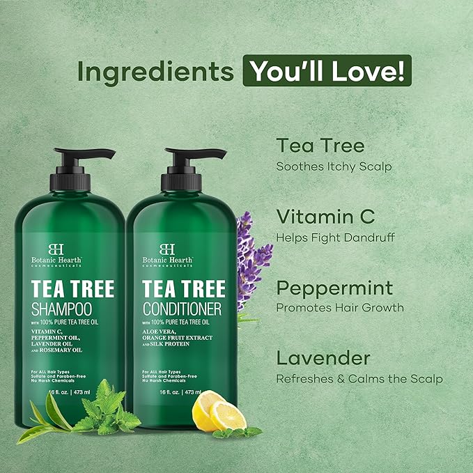 Botanic Hearth Tea Tree Shampoo And Conditioner Set | With 100% Pure Tea Tree Oil, For Itchy And Dry Scalp, Sulfate/Paraben Free | For Men And Women | 16 Fl Oz Each