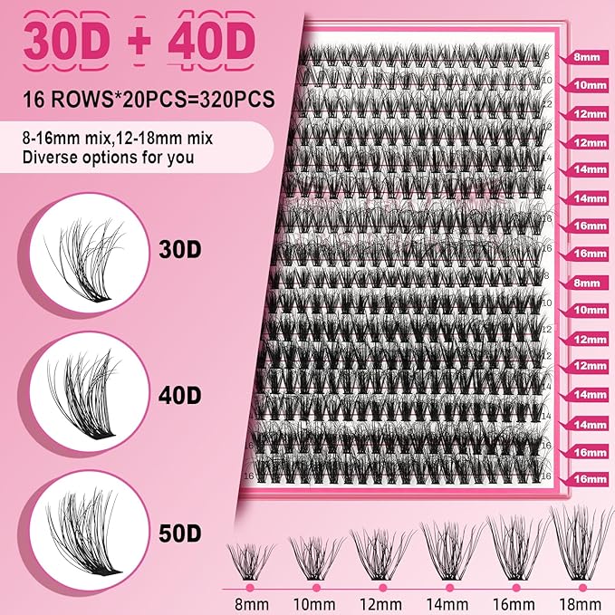 Lash CIusters 320Pcs Individual Lashes 3D Wispy Cluster Lashes Natural Look Eyelash Clusters Faux Mink Wispy Lashes 30D+40D-D Mixed DIY Lash Extension (3D Wispy-30D+40D-D,8-16mix)