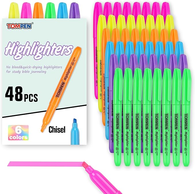 Highlighters Bulk 48 Pack–6 Assorted Colors No Bleed Chisel Tip High lighter Markers Set for School,Office,Bible Study, Journaling–Smear-Free,Quick Dry Fluorescent Pens for Teachers Students