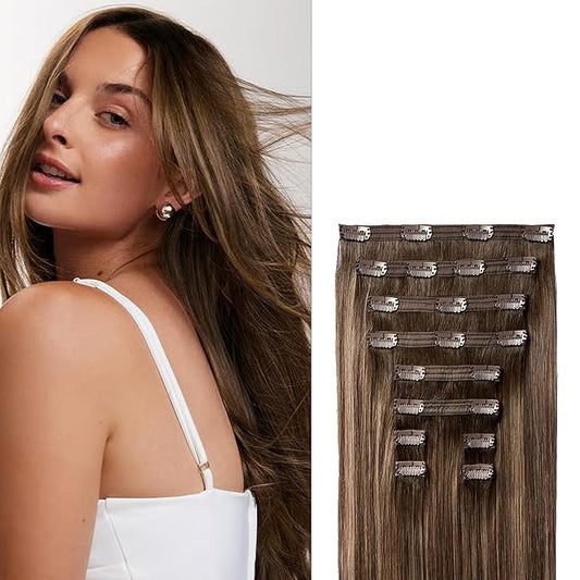 Luxy 100% Remy Human Hair, Classic 160g Clip-In Hair Extensions- 10 Wefts Multi-Dimensional Color for Natural Blending, Adds Volume & Length, Easy Apply & Remove 20" Dimensional Rooted Sunkissed Brown