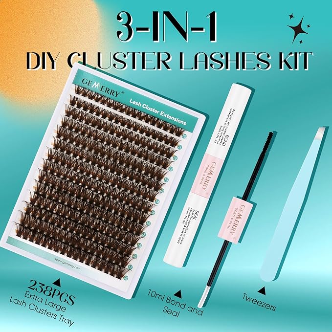 Brown Lash Clusters Fluffier Eyelash Extension Kit 10-18mm Individual Lashes D Curly Eyelash Clusters 80D Volume 280pcs Cluster Lashes DIY Lash Extension at Home