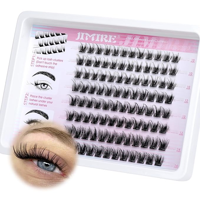 JIMIRE Self Adhesive Eyelashes Natural Look 12-14MM Full Pre Glued Lashes Clusters Manga Press on Lash Clusters D-Curly Reusable Self Adhesive Eyelash Clusters No Glue Needed