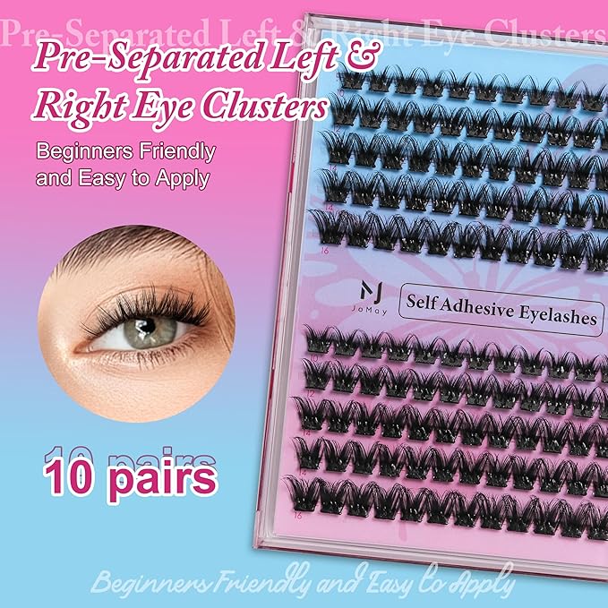 JoMay Self Adhesive Eyelashes, Press on Lashes No Glue Needed, Glueless Lashes Pre-Glued Natural Cluster Extension Kit D Curl For Beginners, No Sticky Residue 1 Step DIY 48PCS 10-16mm X5