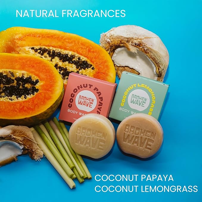 Broken Wave Natural Bar Soap for Women and Men | Hydrating, Vegan, Cruelty-Free Bar Soap | Coconut Lemongrass & Papaya Scent | Sulfate, Paraben & Plastic-Free Body Soap for Soft & Smooth Skin | 2-Pack