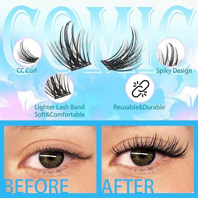 Manga Lash Clusters with Thin Band Spike Eyelash Clusters 10-14mm Mixed CC Curl Soft Lashes Cluster Fluffy Wispy Individual Lashes Cluster DIY Look Like Eyelash Extension (Comic)