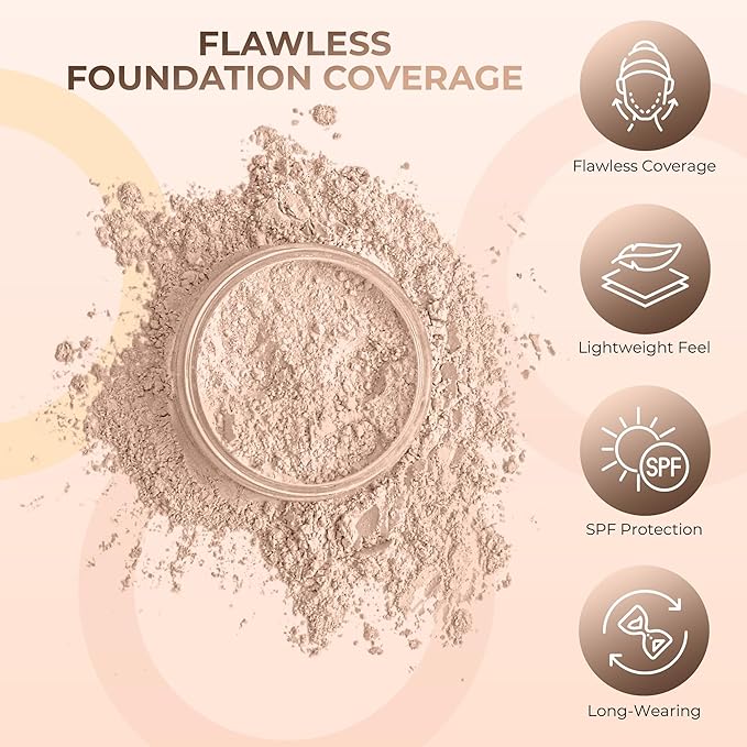 4pc Full Size Kit (Light) Mineral Makeup Matte Translucent Loose Foundation + Kabuki Brush + Concealer + Finishing Setting Powder + Bare Face Full Coverage SPF 30 All Skin Types Waterproof