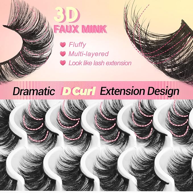 Ahrikiss Lashes Volume Faux Mink Eyelashes D Curl Fluffy False Lashes Russian Strip Lashes Lash Wispy 10 Pairs Cat Eye Lashes Pack(R2)
