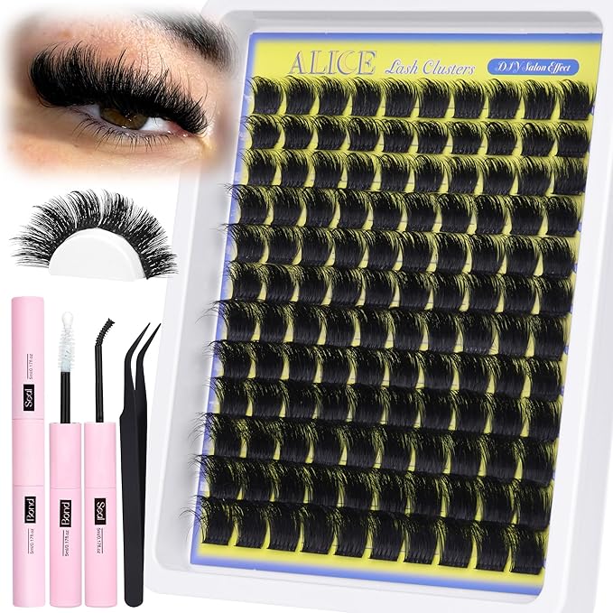 ALICE Lash Clusters Kit - 200D Russian Thick Eyelash Clusters Kit (Wispy & Spiky) - Lash Extension Kit with Lash Bond and Seal, Tweezers, Reusable Eyelash Clusters for Dramatic Volume Makeup