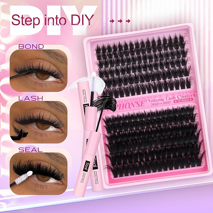Lash Clusters Kit 200D+300D Mega Volume Cluster Eyelash Extensions 12-24mm Wispy Eyelash Clusters Fluffy Cluster Lashes DIY Lash Extension Kit with Bond and Seal at-Home Application by ALPHONSE
