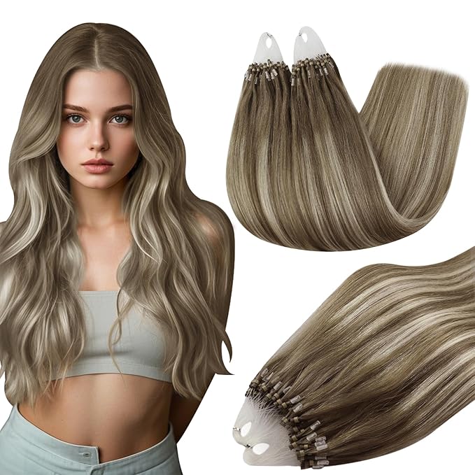 Full Shine Micro Link Human Hair Extensions Brown and Blonde Balayage Human Hair Micro Ring Hair Extensions Human Hair 24 Inch Prebonded Extensions for Women 50 Grams