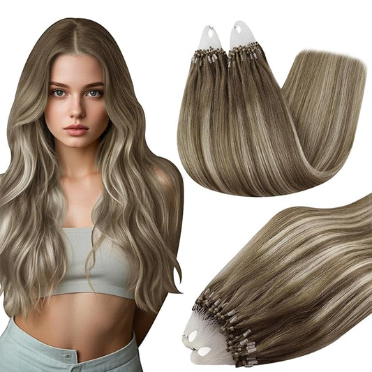 Full Shine Micro Link Human Hair Extensions Brown and Blonde Balayage Human Hair Micro Ring Hair Extensions Human Hair 24 Inch Prebonded Extensions for Women 50 Grams