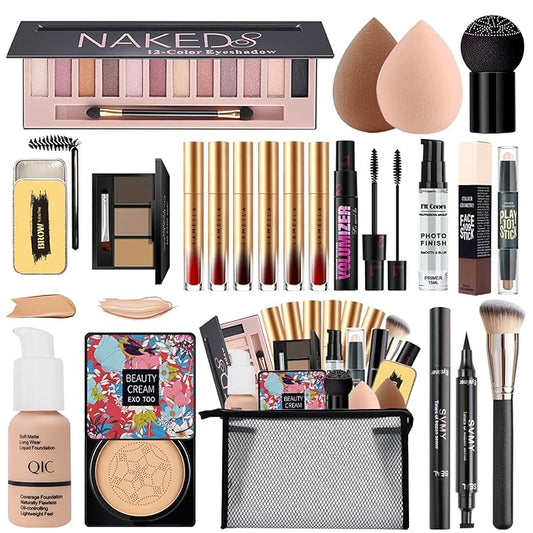 All in One Makeup Kit for Women Full Kit,Travel Make Up Gift Set for Women Teens Girls, Includes Eyeshadow,CC,Foundation,Lipstick,Mascara,Brush,Sponge,Brow Powder & Soap,Eyeliner,Primer,Contour,Bag