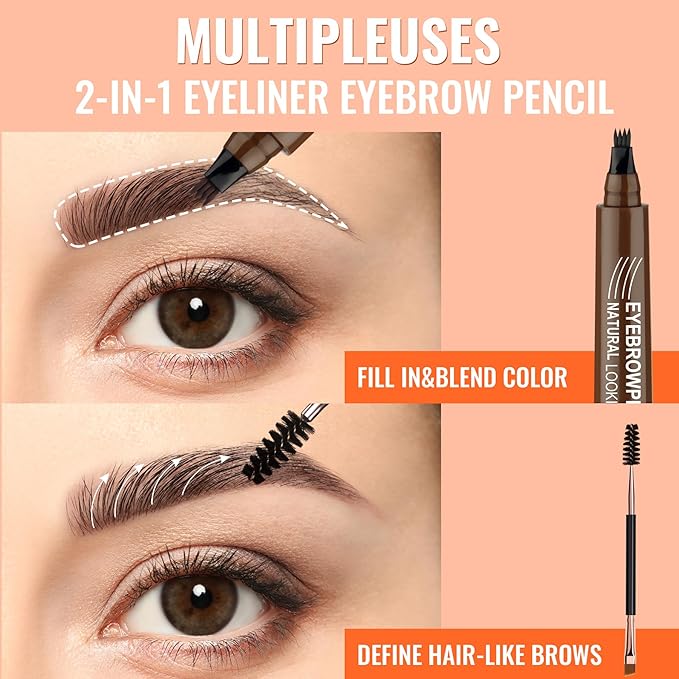 Eyebrow Pencil - Microblading Eyebrow Pen Waterproof 4 Fork Tip Multi-Used Eye Brow Pencils for Women Long-Lasting, Precise Natural Brow Magic Eyebrow Pencil with Hair Like Strokes，BlackBrown