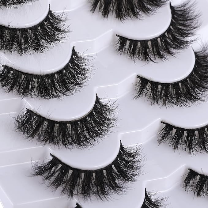 Fake Lashes False Eyelashes Cat Eye Lashes Faux Mink Lashes Natural Look 8D Fluffy Wispy Lashes That Look Like Extensions Pestañas Postizas D Curl Lash Strips 7 Pairs Pack