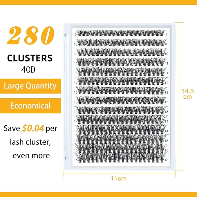 B&Q Lash Clusters 280PCS Natural Eyelash Clusters, 40D C 9-16MIX Individual Lash Wispy Eyelash Extension with Soft Thin Band, Classic Look Pestañas Postizas Comfortable DIY at Home(40D-C-9-16mm)