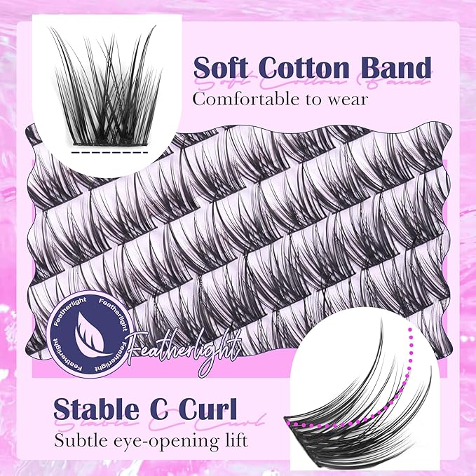 Wispy Eyelash Clusters Kit Wet Look Lash Clusters Kit Natural Cluster Eyelash Extensions 132Pcs C-Curly Cluster Lashes 10-16MM DIY Lash Extensions Lash Bond and Seal Kit