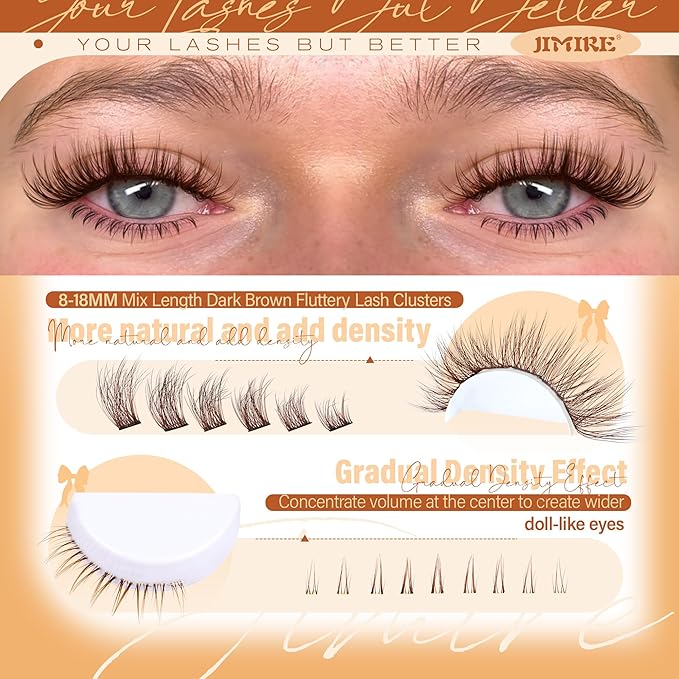 JIMIRE Brown Lash Clusters Wispy Lash Extensions Natural Eyelash Clusters with Bottom Lash Clusters 8-18MM Soft Fluffy Cluster Eyelash Extensions 161Pcs Cluster Lashes DIY at Home