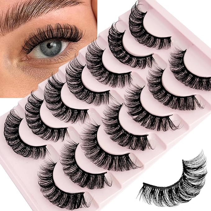 Mink Lash Fluffy Natural Look D Curl Eyelashes that Look Like Extensions Short Thick Lashes 7 Pair Wispy Cat Eye Strip False Volume Lash Pack 8-16mm Full Mega Double Stacked Eyelash Small Fake Lashes