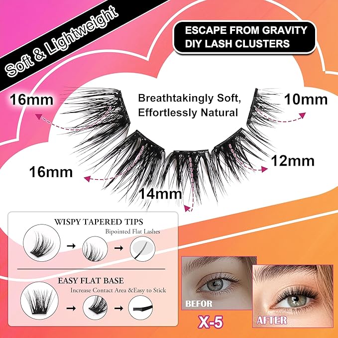 JoMay Self Adhesive Flat Lashes Clusters, Press On No Glue Needed Natural Look, Pre-Glued Eyelash Cluster Extensions, Stick On Lashes Easy Eyelashes For Beginners DIY 56PCS - D Curl Ultra Soft X5