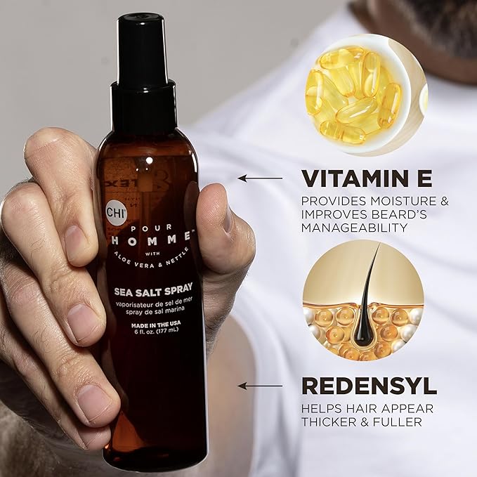 CHI Pour Homme Sea Salt Spray for Men, Hairspray For Texture & Volume, Creates A Natural Look, Made With Aloe Vera & Nettle, Fresh, Woody Scent, 6 oz