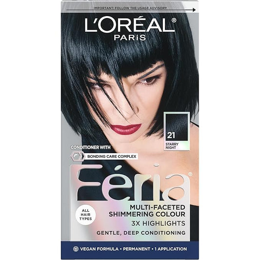 L'Oreal Paris Feria Multi-Faceted Shimmering Permanent Hair Color, 21 Starry Night (Bright Black), Pack of 1 Hair Dye Kit