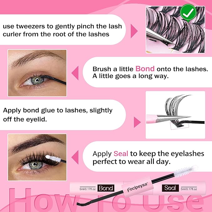 Focipeysa Eyelash Extension Kit D Curl Lash Clusters 280pcs DIY Lash Extension Kit 40D Individual Lashes with Lash Bond and Seal Lash Applicator DIY Lashes Kit for Individual Eyelashes Beginners