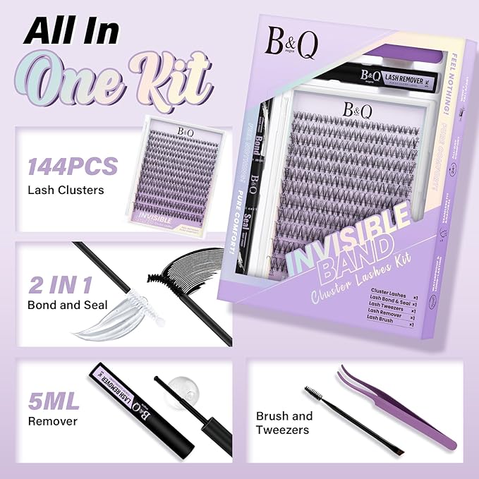 B&Q Venus Lash Clusters Kit Natural Lashes Clusters Wispy Invisible Band Manga Lashes Individual Lashes Bond and Seal Eyelash Extension Kit Easy Removal (Venus Kit-8-18MIX)