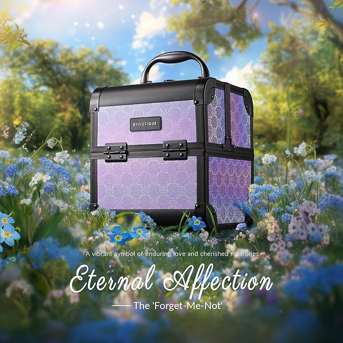 BYOOTIQUE Makeup Train Case with Mirror Small Cosmetic Bag for Travel 2-Tier Trays Jewelry Organizer Box Lash Storage for Nail Artist Manicurist Beauty Salon,Charm ForgetMeNot