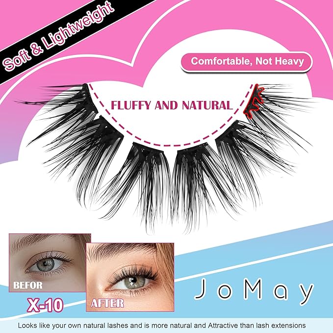 JoMay Self-Adhesive Eyelashes, Press on Lashes No Glue Needed, Glueless Pre-Glued D Curl Cluster Lashes for Beginners, No Residue, Pre-Separated L/R Eye, 1-Step DIY, 120PCS (X10)