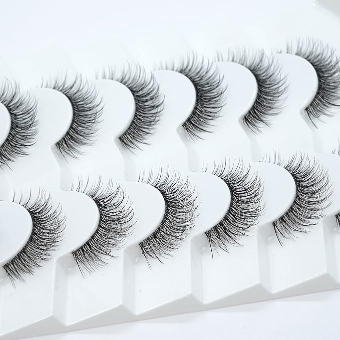 3D Clear Band False EyeLashes Natural Look Cat Eye Wispy Fake lashes Short Supernatural Cross Soft Reusable Lashes 7 Pairs-Happy Heartbeat(No.201)