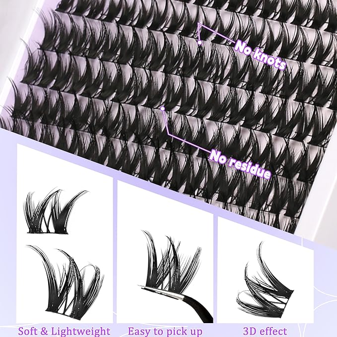Lash Clusters Flora D Curl Lash DIY Volume Eyelash Extensions Kit Cat Eye Lashes Individual Lashes Ultra-Thin (0.05-0.07mm) Black Band 8-16MM Wispy Cat Eye Lashes for Self Application