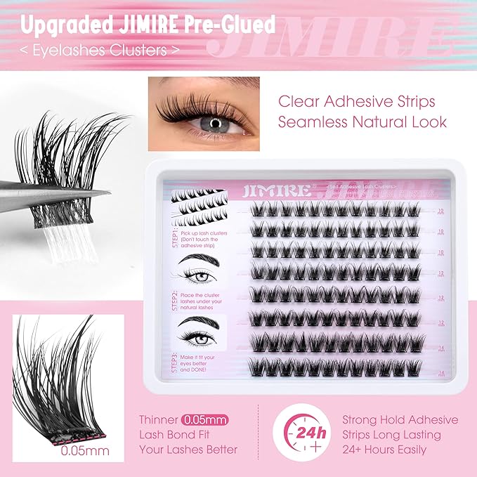 JIMIRE Self Adhesive Eyelashes Natural Look 12-14MM Full Pre Glued Lashes Clusters Manga Press on Lash Clusters D-Curly Reusable Self Adhesive Eyelash Clusters No Glue Needed