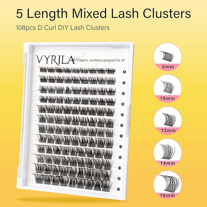 Lash Clusters 8-16mm, False Eyelashes 108pcs, Cluster Eyelash Extensions Matte Black Soft, Diy Lash Extensions D Curl Natural Lash Clusters Faux Mink Lashes Wispy（Dewy,108pcs,0.07,D,8-16MIX)